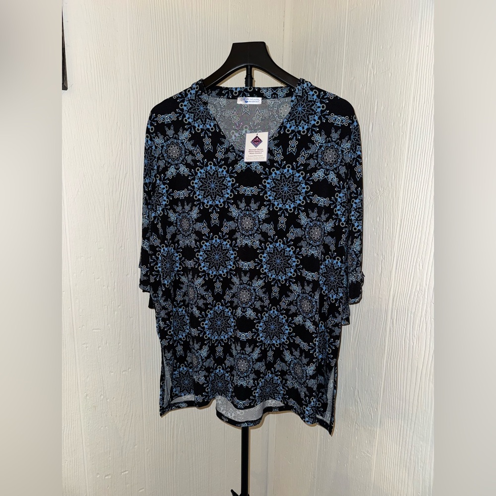 NWT Mountain Mamas Women’s Split Sleeve Tunic in Black and Blue Exotic Sz XXL